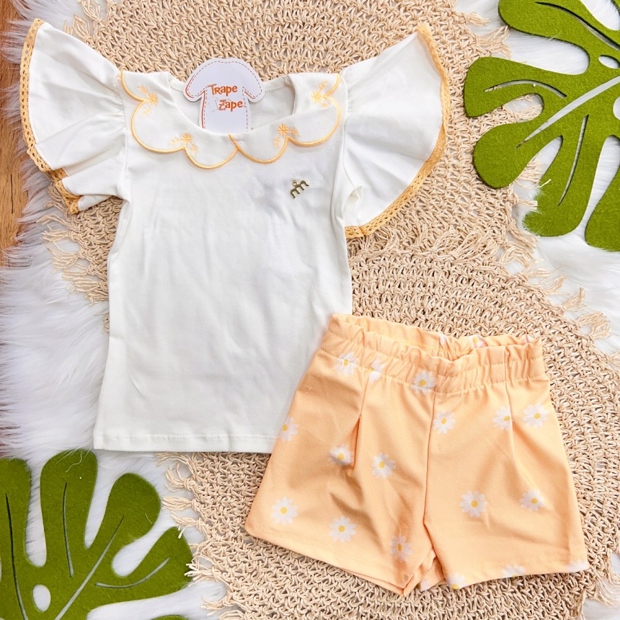 Conj. Blusa com Manga Bordada e Short Margaridas - Amarelo